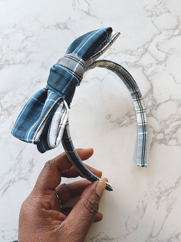 Uniform Blue, Grey, White Plaid Headband - Plaid 85