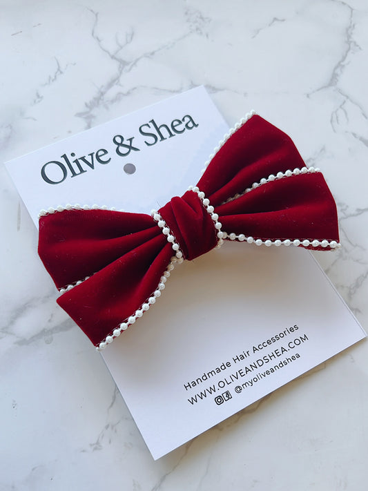 Red Velvet Pearl Hair Bow