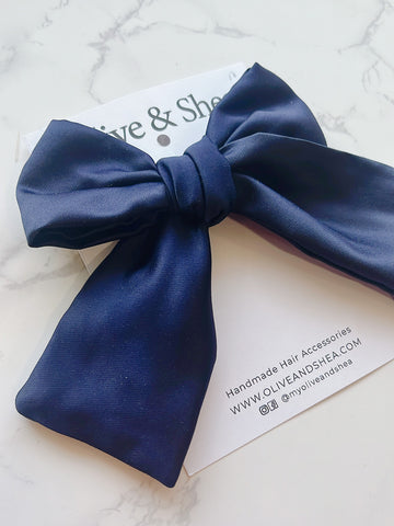 Navy Satin Hand Tied Hair Bow