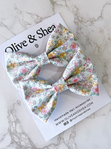 Chloe Mint Floral Medley Pigtail Hair Bow Set