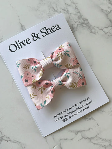 Whimsy Pink Floral Pigtail Hair Bow Set