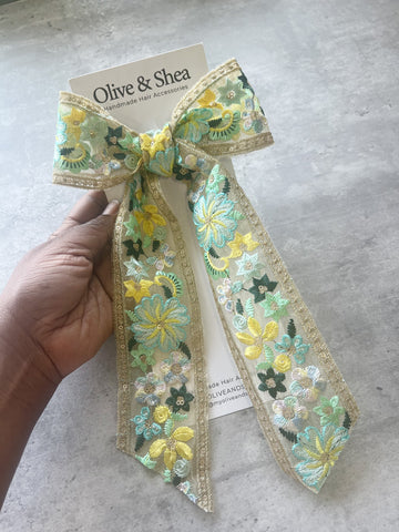 Jade Embroidered Lace Hair Bow