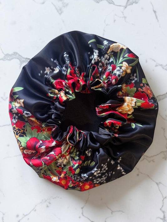 Red Floral /Black Ruffle Edge Satin Sleep Bonnet