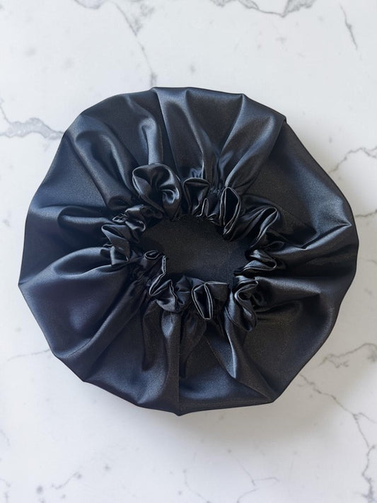 Black/Black Ruffle Edge Satin Sleep Bonnet