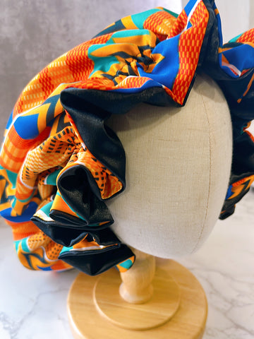Kente/Black Ruffle Edge Reversible Satin Sleep Bonnet
