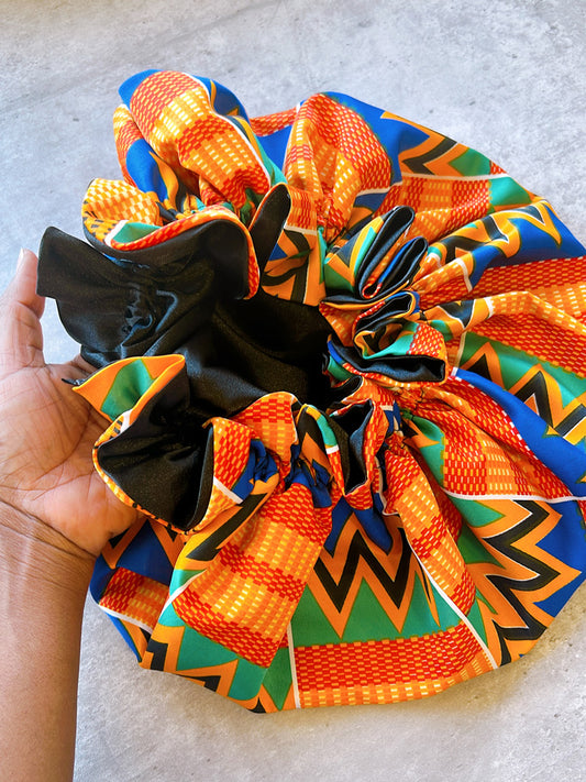 Kente/Black Ruffle Edge Satin Sleep Bonnet