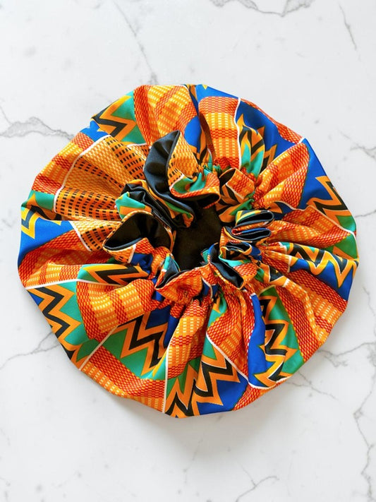 Kente/Black Ruffle Edge Satin Sleep Bonnet