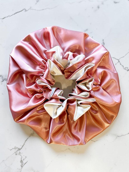 Pink/Ivory Ruffle Edge Satin Sleep Bonnet