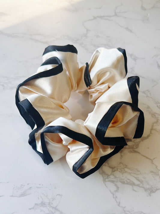 Cream satin scrunchie with black edges