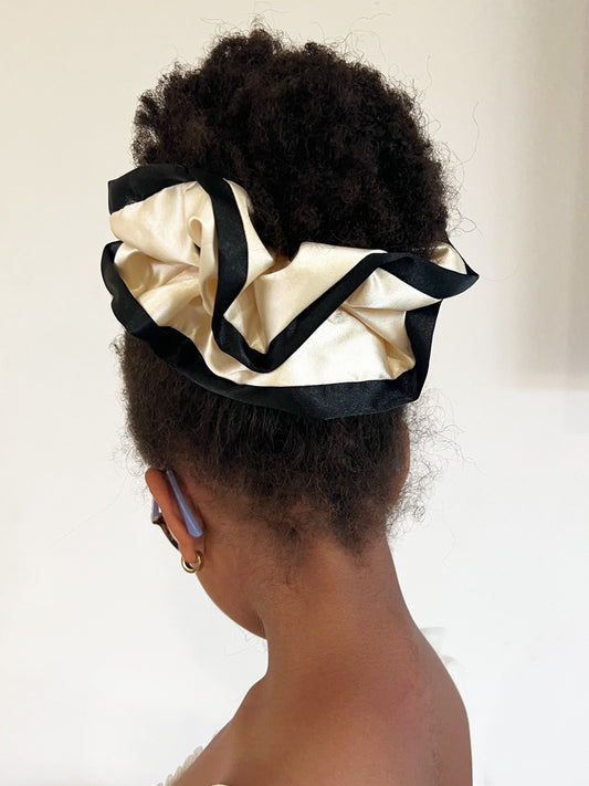 Cream satin scrunchie with black edges