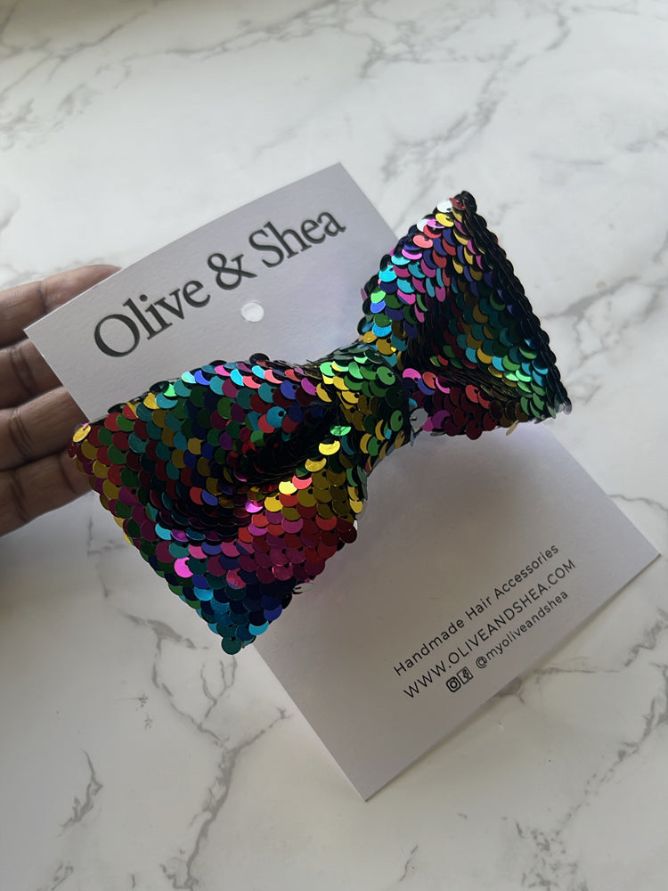 Handmade hair bow with sequins for school