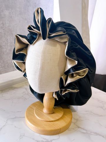 Black/Champagne Ruffle Edge Reversible Satin Sleep Bonnet