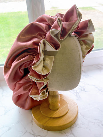 Pink/Beige Ruffle Edge Reversible Satin Sleep Bonnet
