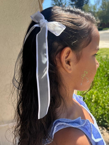 White Sheer Long Tail Satin Hair Bow