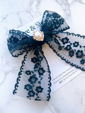 Celeste Black Floral Lace Hand Tied Hair Bow