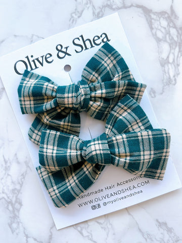 Green Plaid Hand Tied Pigtail Hair Bow Set