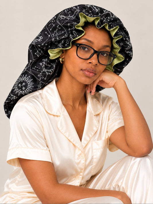 Astrology Extra Long Ruffle Edge Adjustable Satin Sleep Bonnet