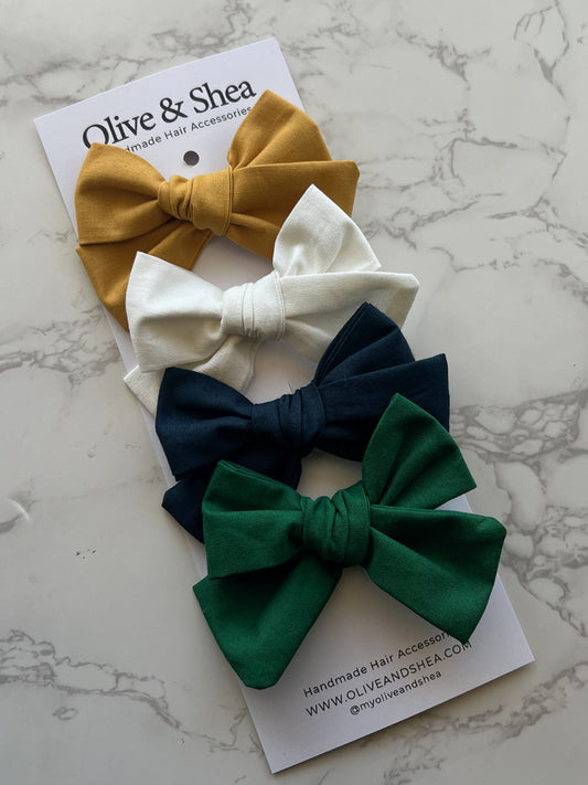 Green, Navy, Yellow Hand Tied Hair Bow Variety Pack