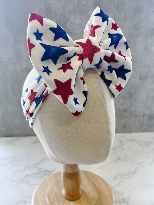 Baby Bow headband with red, white, and blue star pattern for july 4th