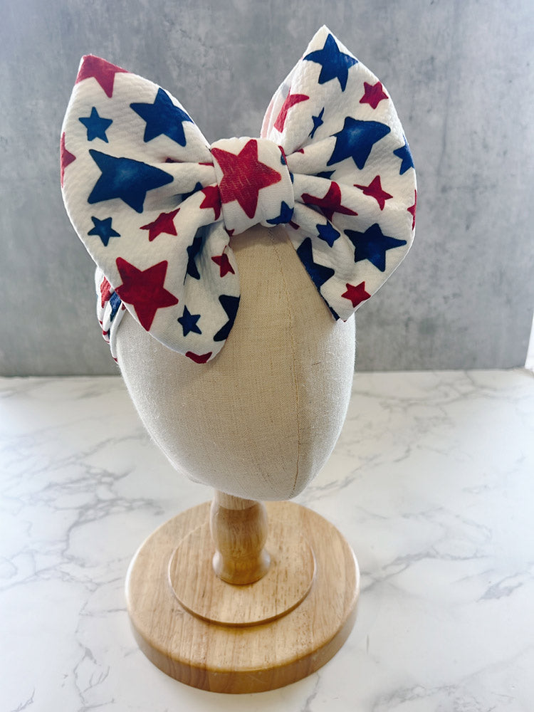 Baby Bow headband with red, white, and blue star pattern for july 4th