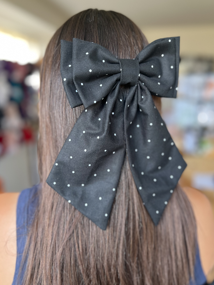 Black with White Polka Dots Hair Bow - Image 3